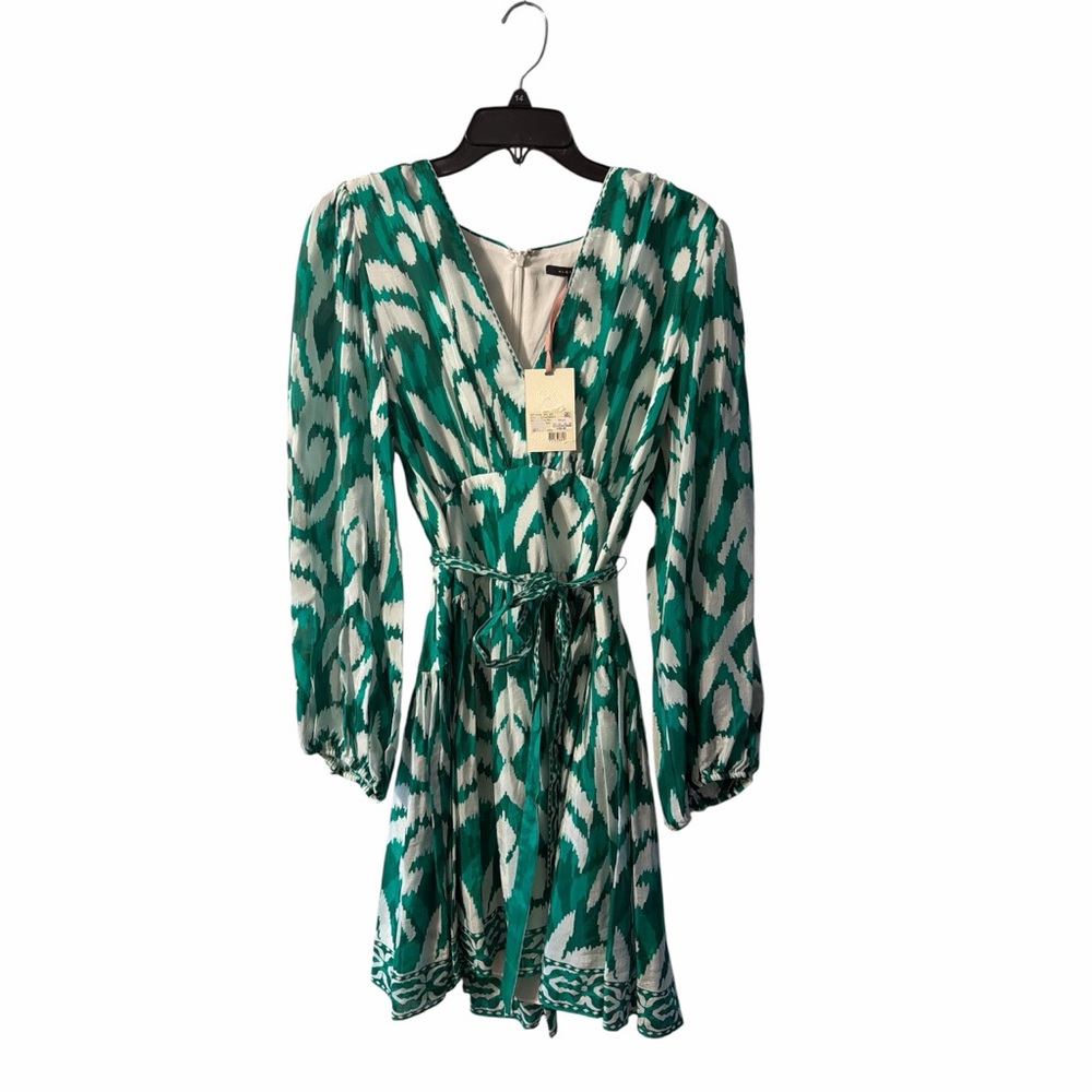 NWT Alex Marie Renata Dress Womens Size 14 Green White Ikat Long Sleeve Belted